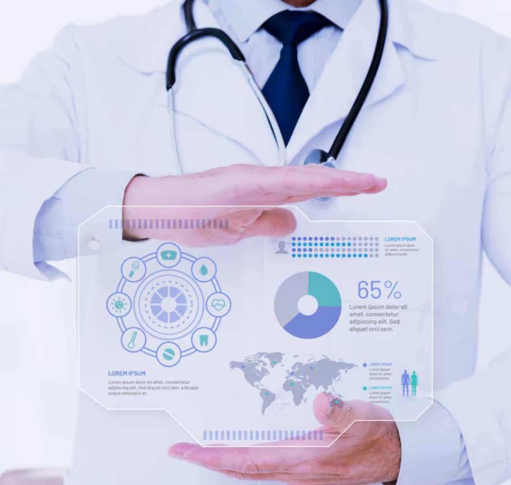 Doctor interacting with a virtual healthcare dashboard featuring charts and analytics, representing digital medical technology and data-driven insights